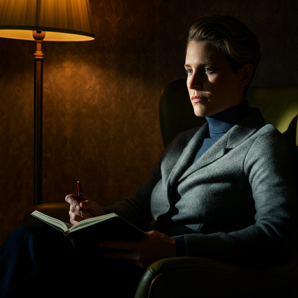A person sits comfortably in a warmly lit armchair, a journal and pen in their lap. The soft light from a nearby lamp illuminates their face, creating a sense of introspection and thoughtfulness. A muted, textured wallpaper serves as the background, adding a touch of warmth and sophistication to the scene.