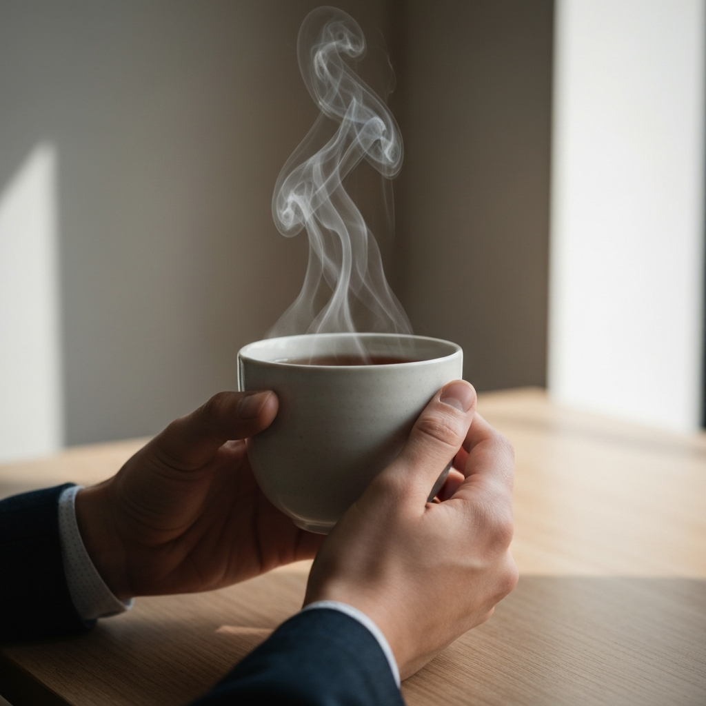 Close-up shot of hands gently holding a cup of tea. The focus is on the swirling steam rising from the cup and the subtle texture of the ceramic. Soft, natural light streams in from a nearby window, creating a peaceful and reflective atmosphere.
