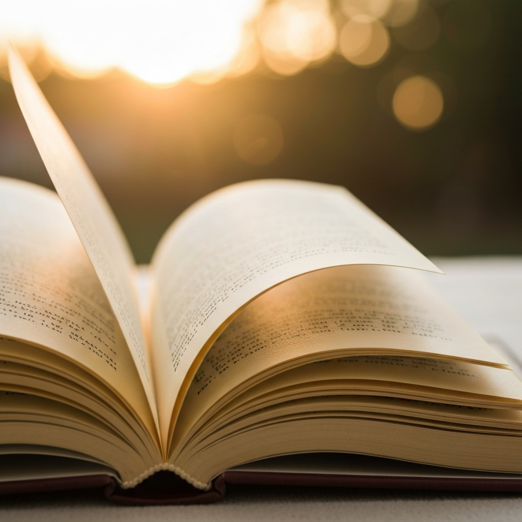 A close up shot on the pages of a well-loved, open book. The pages are slightly yellowed and show signs of frequent use. Soft bokeh in the background suggests a cozy reading nook.