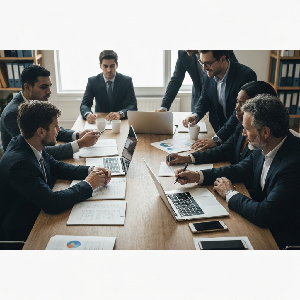 A group of diverse people, all professionally dressed, sitting around a large table in a modern office. They are engaged in a lively discussion, with various documents and laptops scattered on the table. Soft, natural light fills the room, creating a collaborative and dynamic atmosphere.
