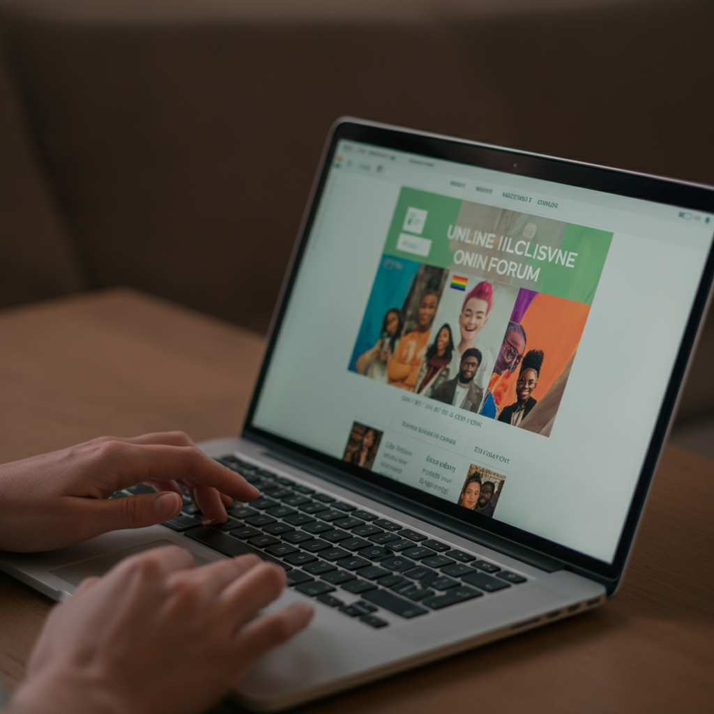 A person browsing a website on a laptop. The screen displays a vibrant and inclusive LGBTQ+ online forum. The focus is on the user's hands gently navigating the touchpad, conveying a sense of exploration and discovery. Soft, warm lighting illuminates the scene, creating a comfortable and inviting atmosphere.