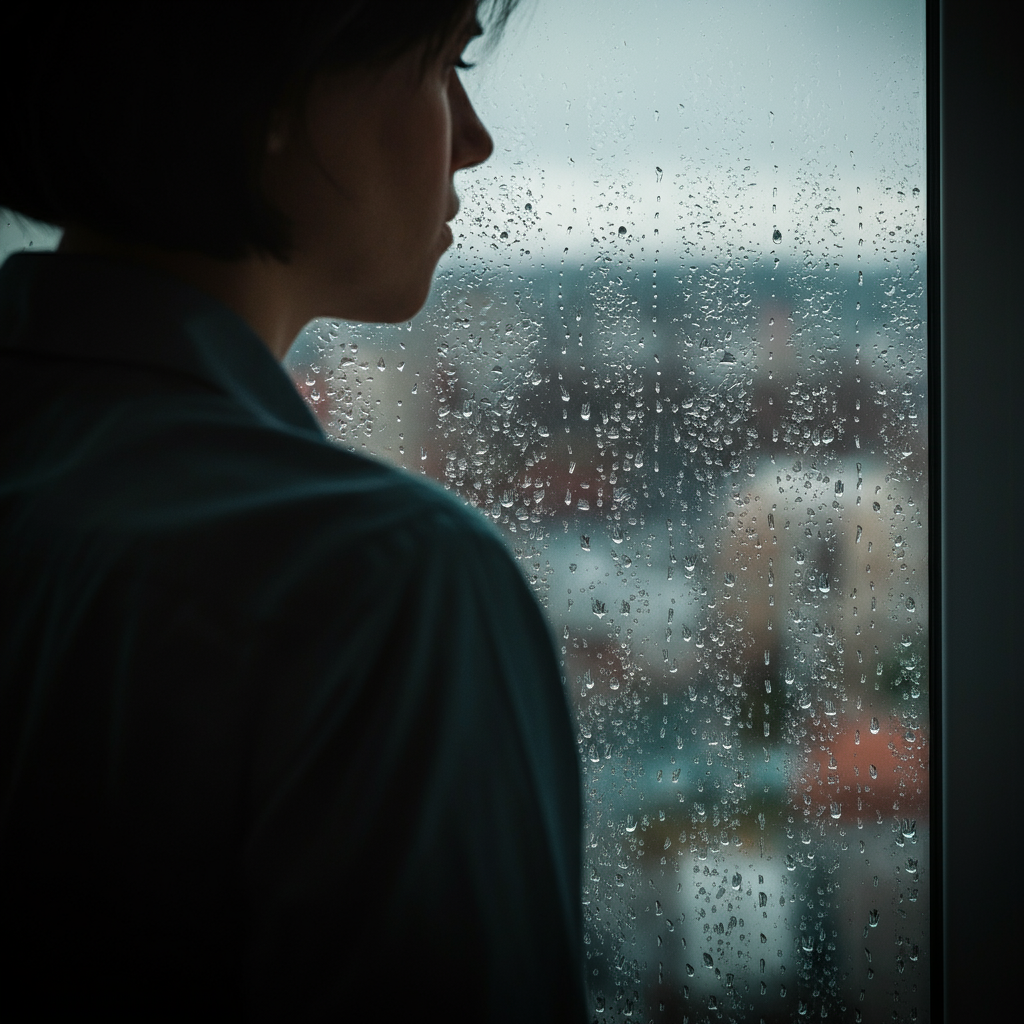 A person gazing out of a window on a rainy day. The focus is on the raindrops running down the glass and the blurred cityscape in the background. Soft, diffused light creates a serene and contemplative mood.