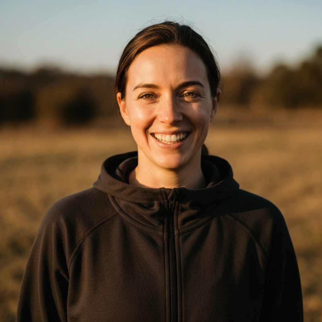 A person smiling genuinely, looking directly at the camera. The lighting is warm and natural, accentuating their features and conveying a sense of confidence and self-acceptance. A blurred, natural background adds a touch of authenticity and approachability to the scene.