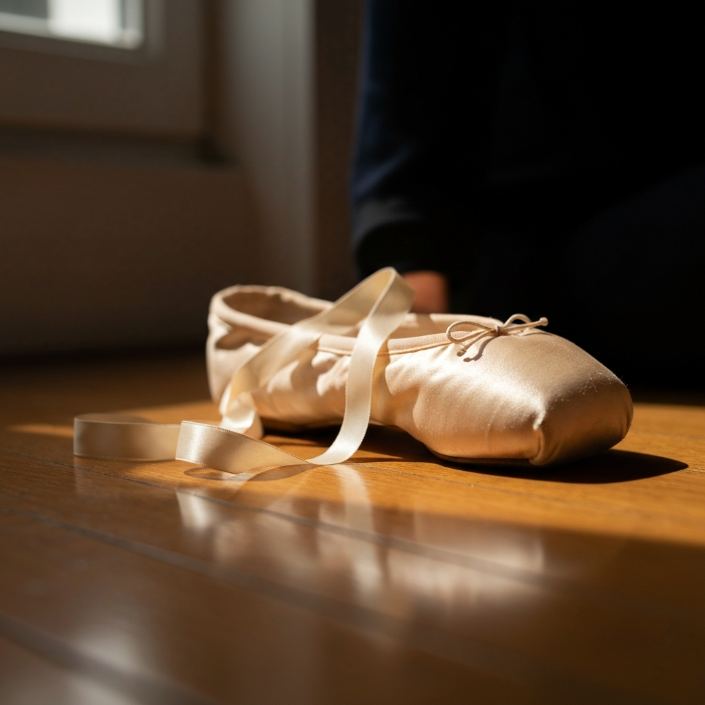 A close-up shot of ballet slippers, slightly worn, resting on a polished wooden floor. Soft, diffused light streams in from a nearby window, highlighting the satin texture and delicate ribbons.
