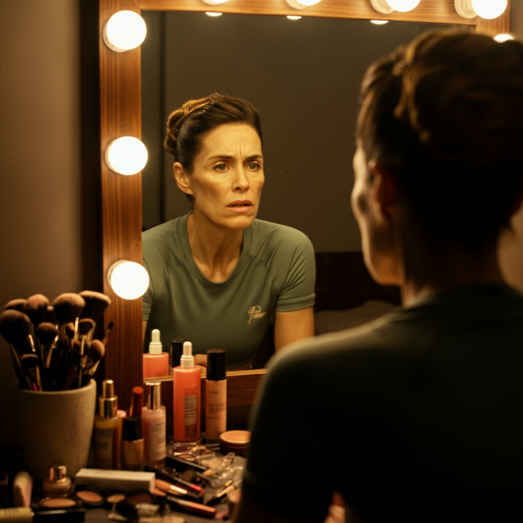 Nina's reflection in a dressing room mirror. The lighting is harsh and unflattering, emphasizing the fine lines around her eyes and the strain in her face. Scattered makeup and hairpins litter the vanity.