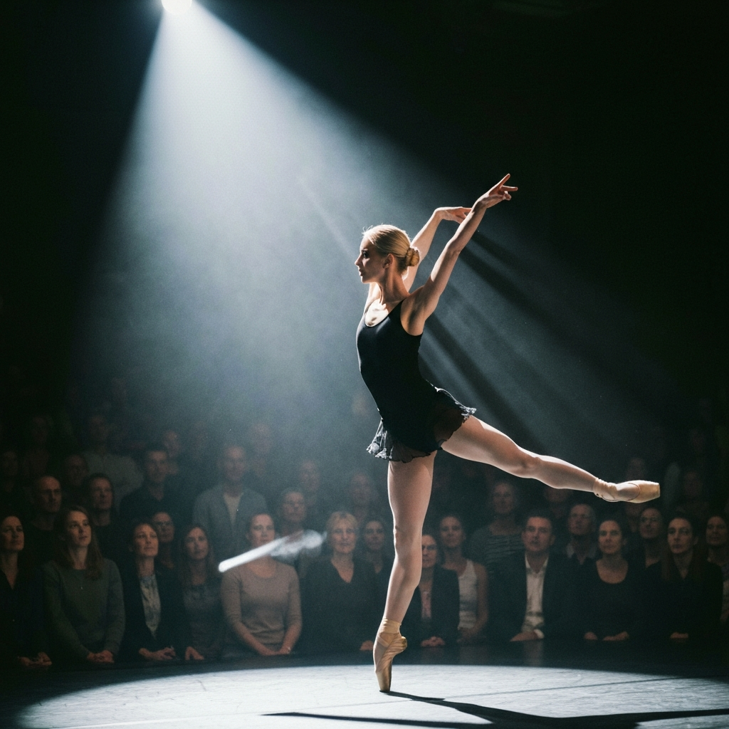 A dramatic shot from the point of view of a ballet dancer on stage, bathed in intense white light. The audience is a blurred sea of faces in the darkness.