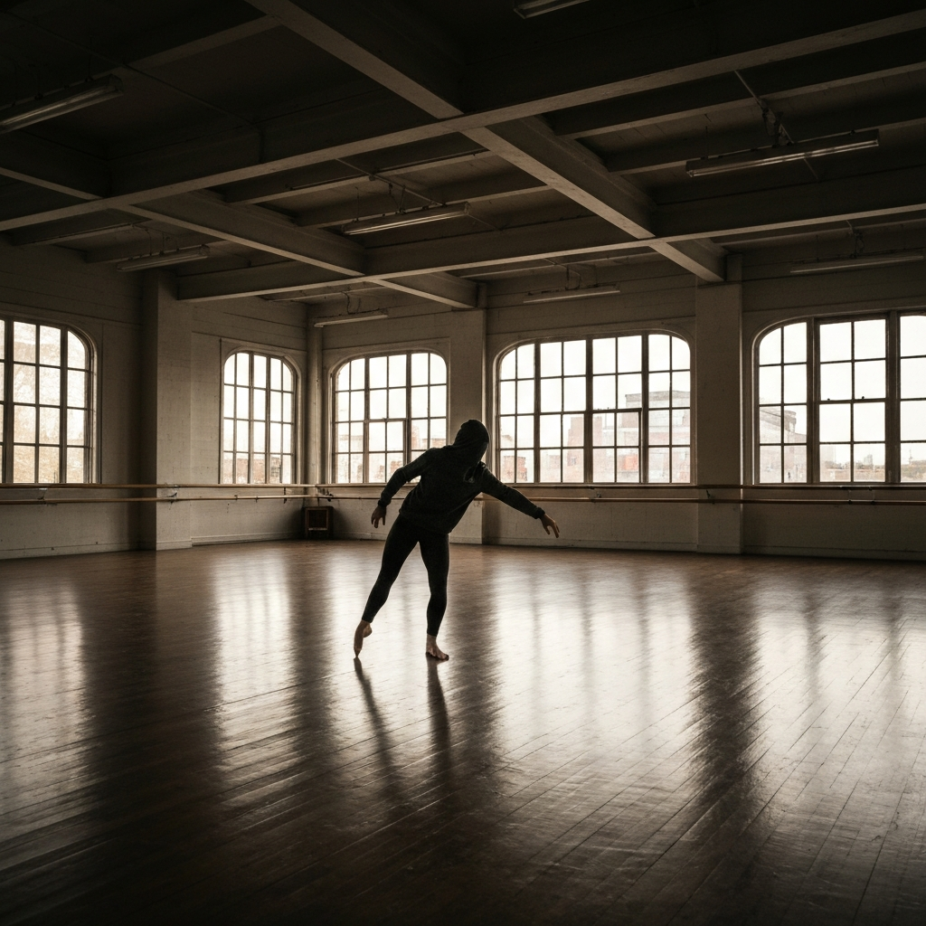 An empty, high-ceiling dance studio. Light filters through the large windows. The room is silent, hinting at the pressure to perform.