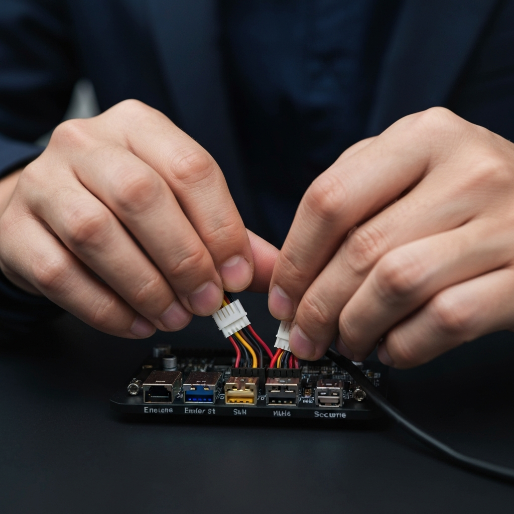 Close-up of a pair of hands carefully connecting a wire harness to the Ender 3 S1's mainboard, showcasing the labeled ports and secure connections. Soft, diffused lighting highlighting the detail of the connectors.