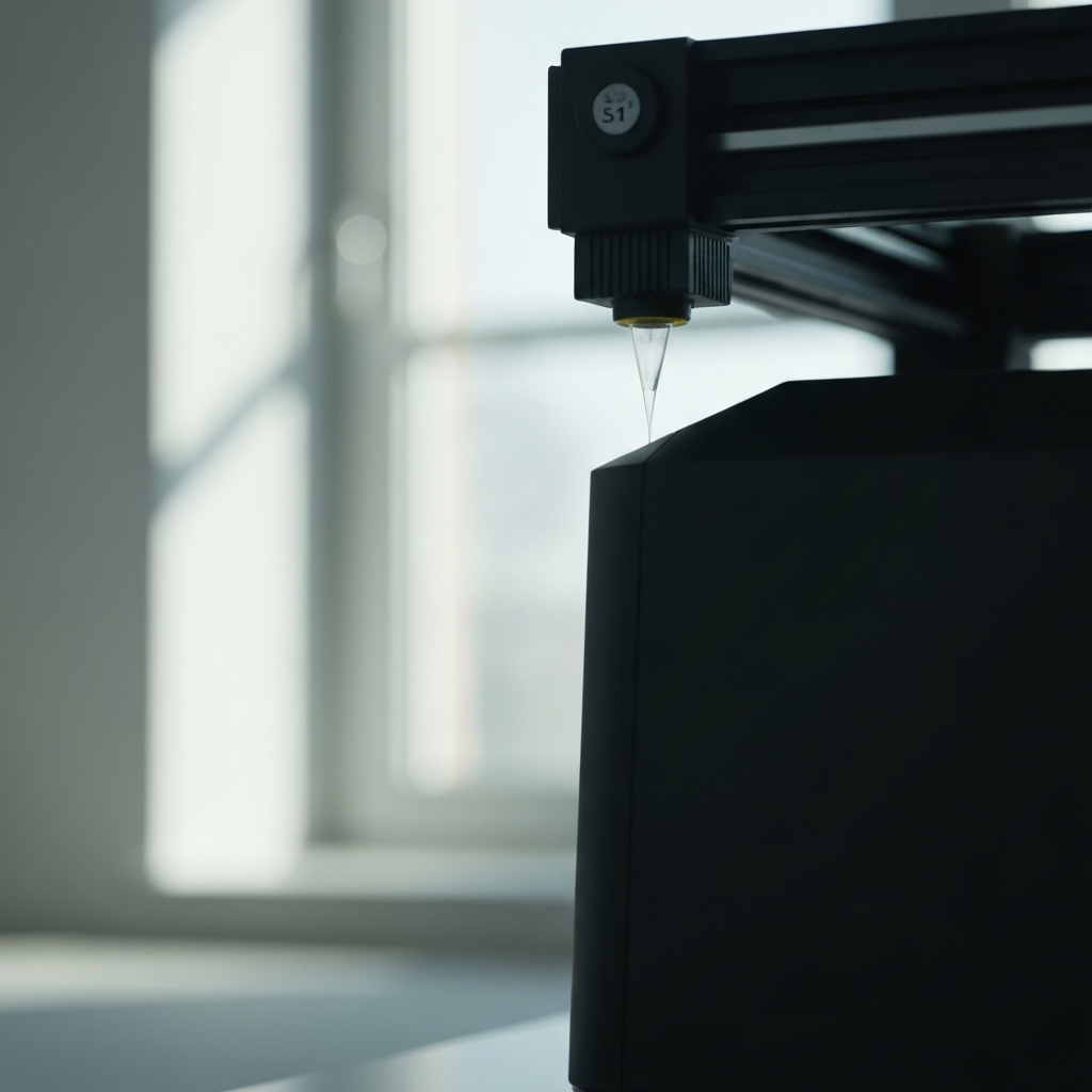A side view of the Ender 3 S1 with the BL-Touch sensor probing the print bed, with soft bokeh in the background and natural window light streaming in.