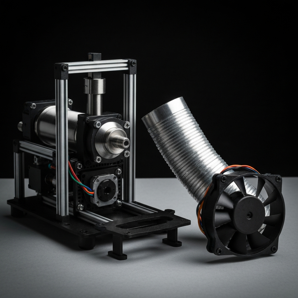 A well-lit workspace featuring a partially disassembled Ender 3 S1 extruder, with a new 5015 blower fan and custom-designed duct lying beside it. The scene is composed with a shallow depth of field, focusing on the fan and duct.