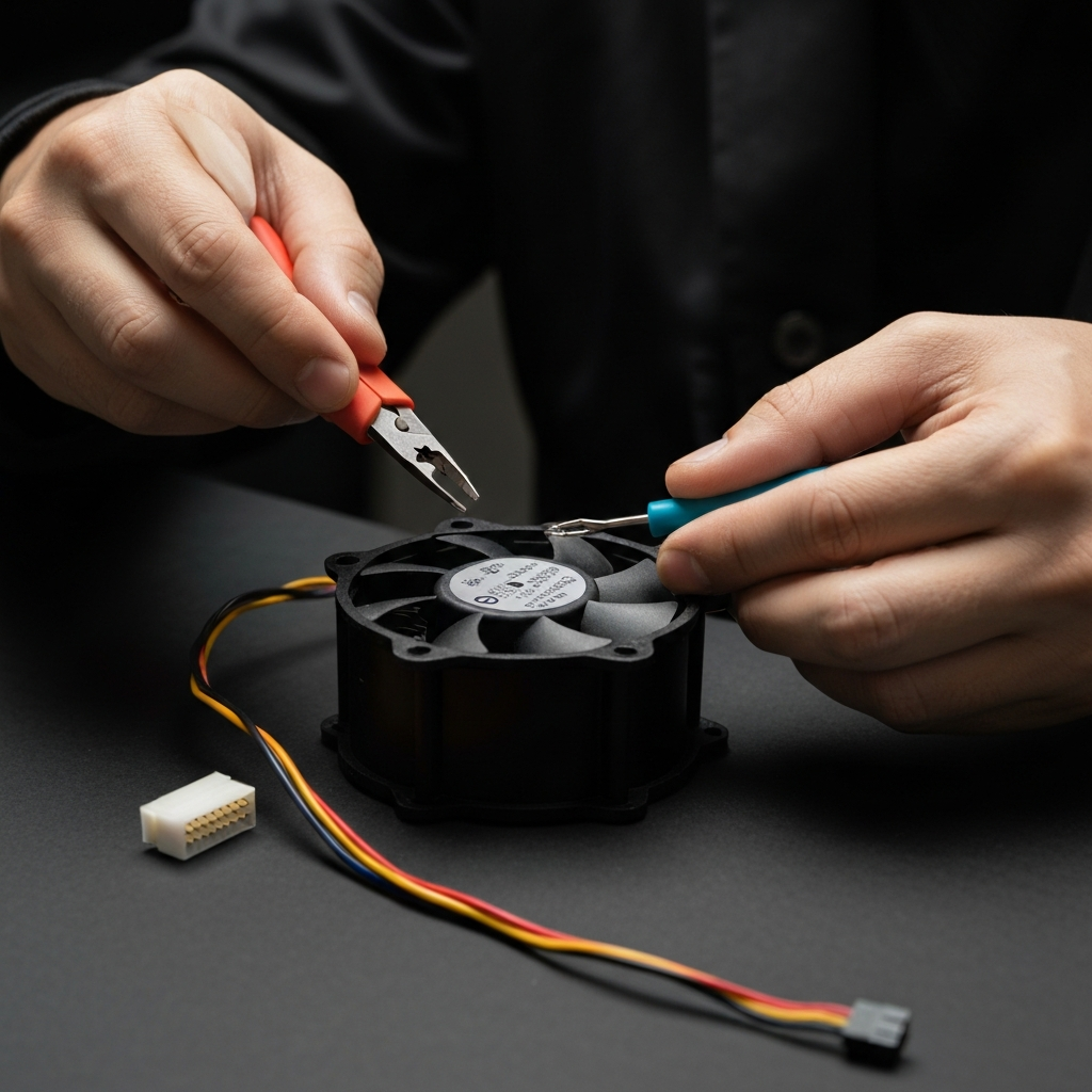 Close-up shot of hands carefully using wire strippers to prepare the wires of a new 5015 fan for soldering, with the disconnected stock fan and its connector visible in the background.