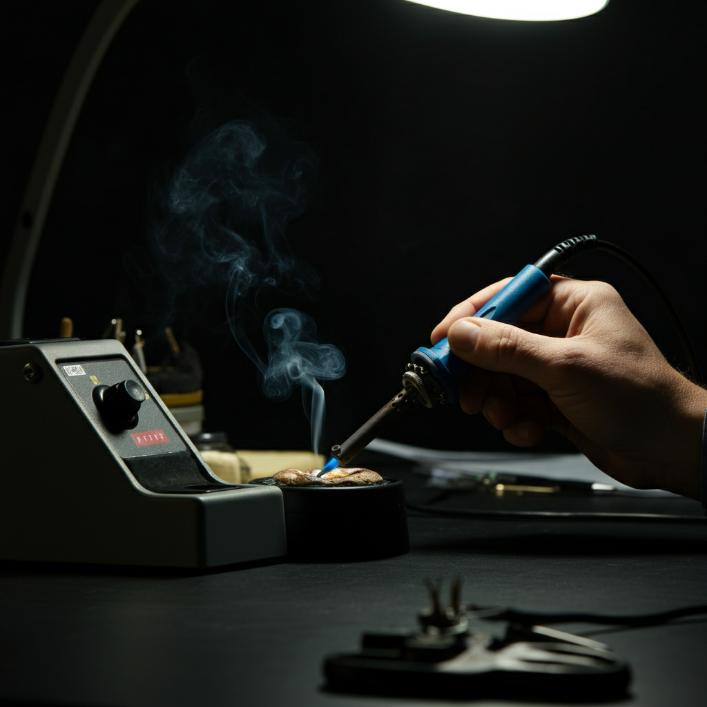An expert hand soldering wires in a clean workspace. The soldering iron emits a small puff of smoke as the solder melts, joining the wires together. Soft, warm lighting creates a comfortable and professional atmosphere.