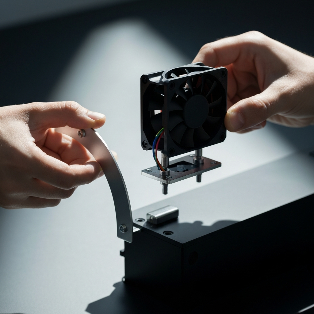 A fully assembled cooling solution, including the 5015 fan and thermal block fan, being carefully mounted onto the Ender 3 S1's extruder carriage. The scene is bathed in natural light, showcasing the smooth curves and precise fit of the components.