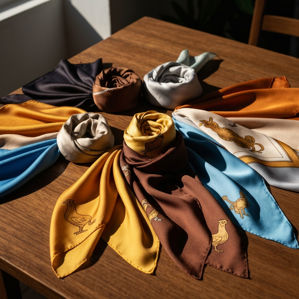 A set of colorful silk scarves arranged artfully on a wooden table. The scarves are in the lucky colors of a specific zodiac sign, such as gold, brown, and yellow for the Rooster. The scene is well-lit with natural light, showcasing the vibrant colors and soft textures of the fabric.