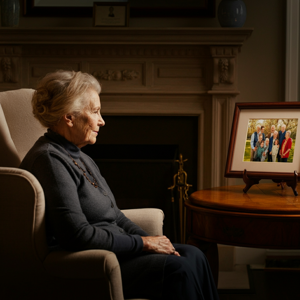 A softly lit living room. An older woman sits in a comfortable armchair, thoughtfully gazing at a framed family photo on the mantelpiece. The photo shows multiple generations gathered together, smiling. The room has warm, neutral tones and natural light streaming through the window. Soft bokeh on the background elements.