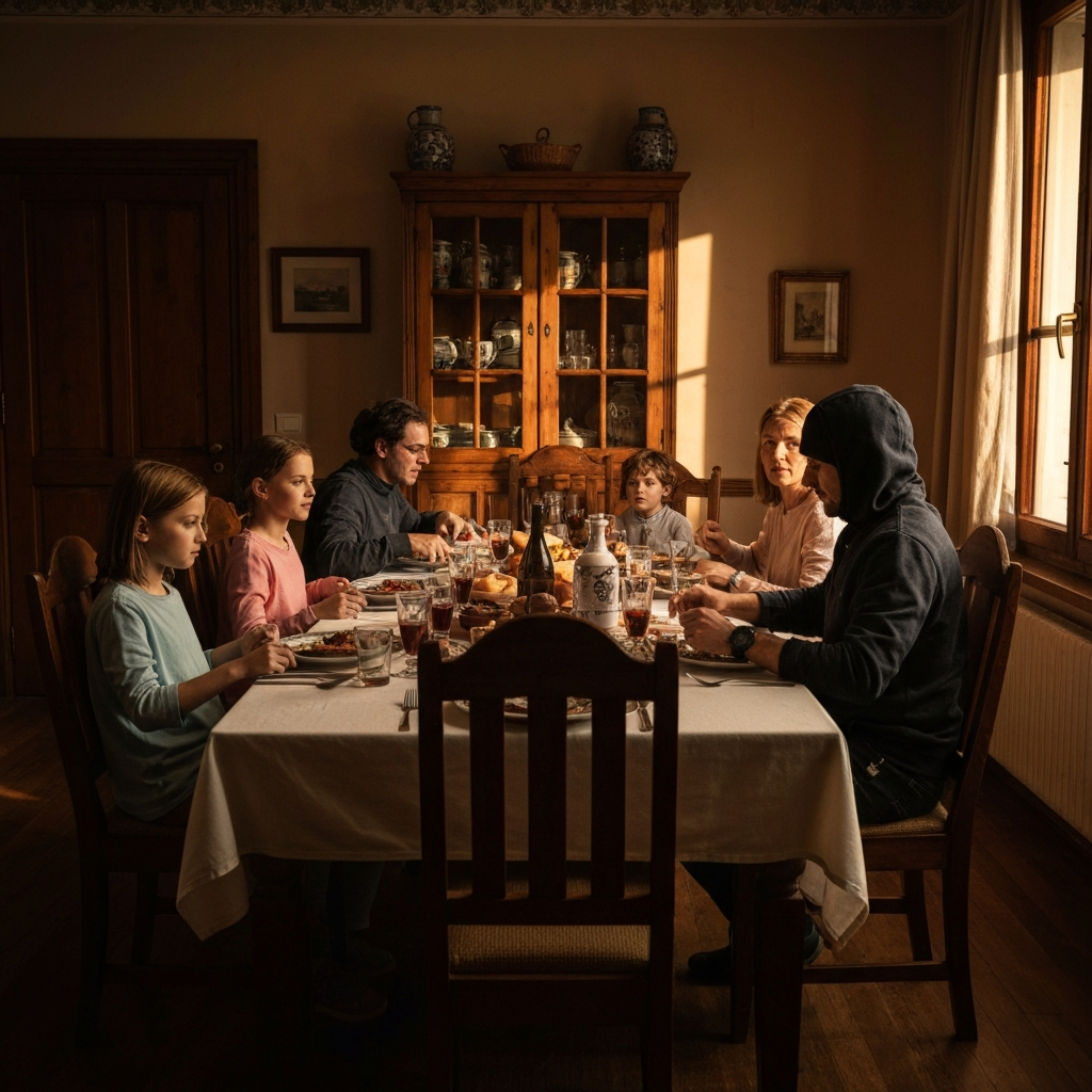 A warm, inviting dining room bathed in golden hour light. A family is gathered around a large table, sharing a meal. The table is set with traditional dishes and decorative elements, creating a sense of heritage and togetherness. Focus on the textures of the food and the natural expressions of the family members.