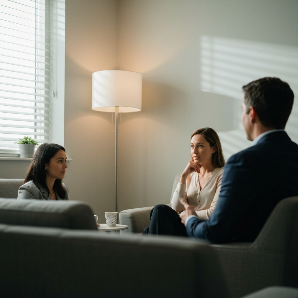 A calming, neutral-toned therapist's office. A person is seated comfortably, engaged in a thoughtful conversation with a therapist. The lighting is soft and diffused, creating a safe and supportive atmosphere. The focus is on active listening and empathy.