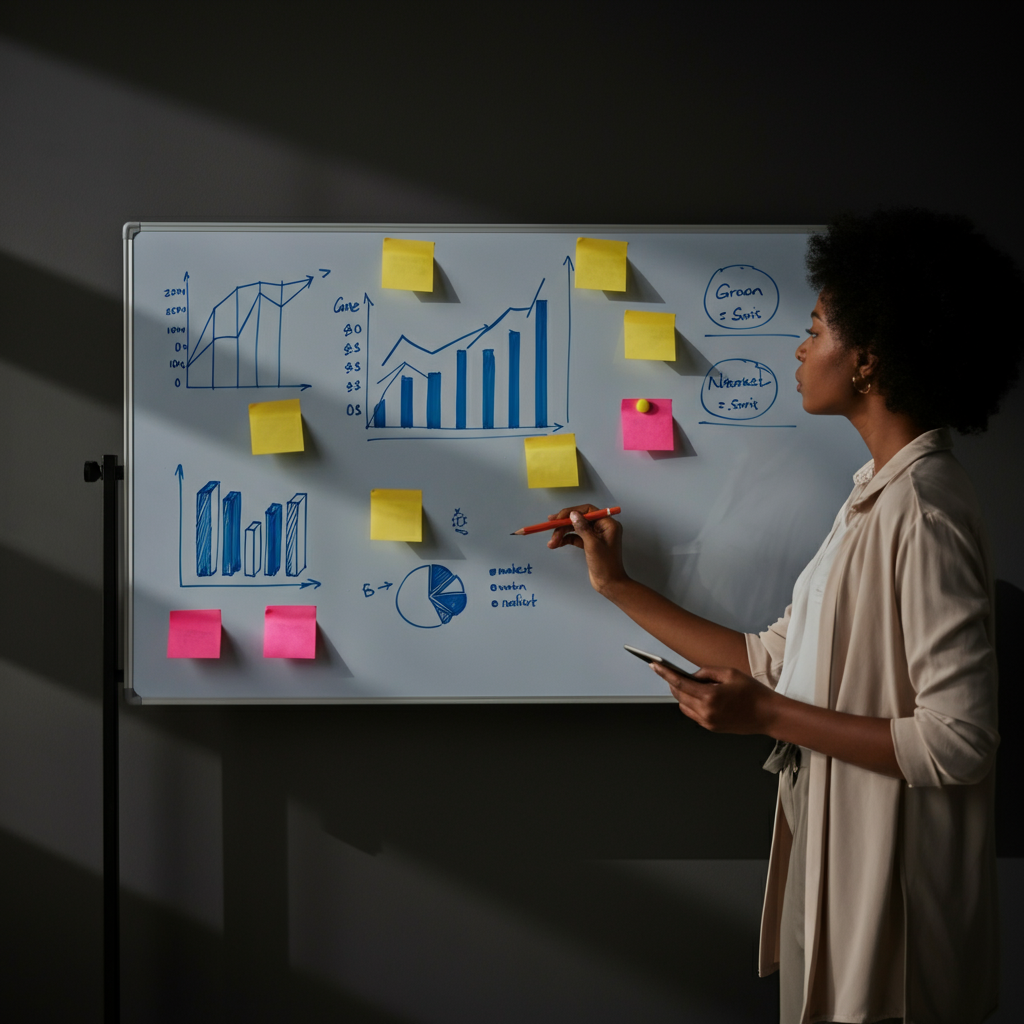 A whiteboard with graphs and charts depicting market trends and growth projections. Overlaid are sticky notes with key insights and action items. The lighting is bright and even, showcasing the data.