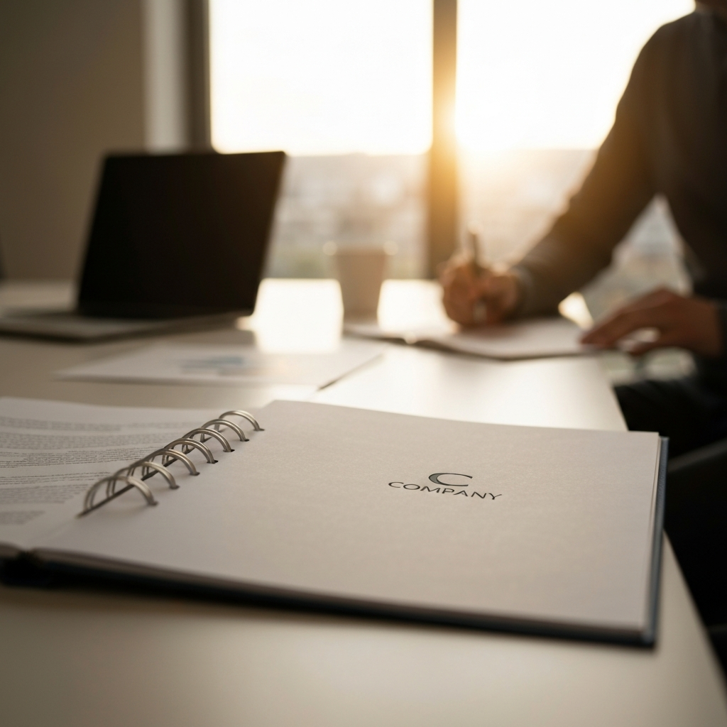 A professionally bound business plan document lying open on a conference table. The cover is simple and elegant, with the company logo subtly embossed. Soft bokeh in the background suggests a meeting in progress.
