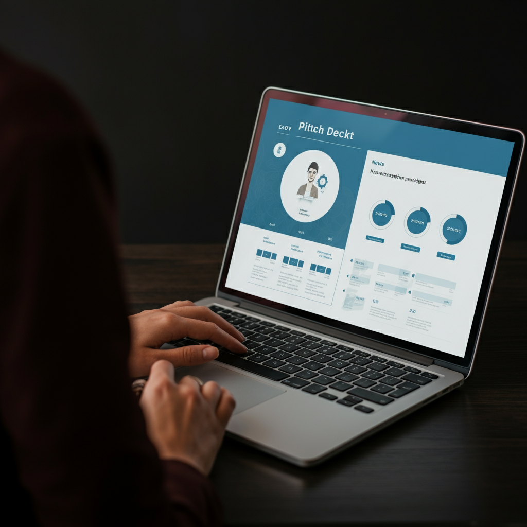 A close-up shot of a laptop screen displaying a visually appealing pitch deck slide. The slide features a clean design, compelling graphics, and concise bullet points.