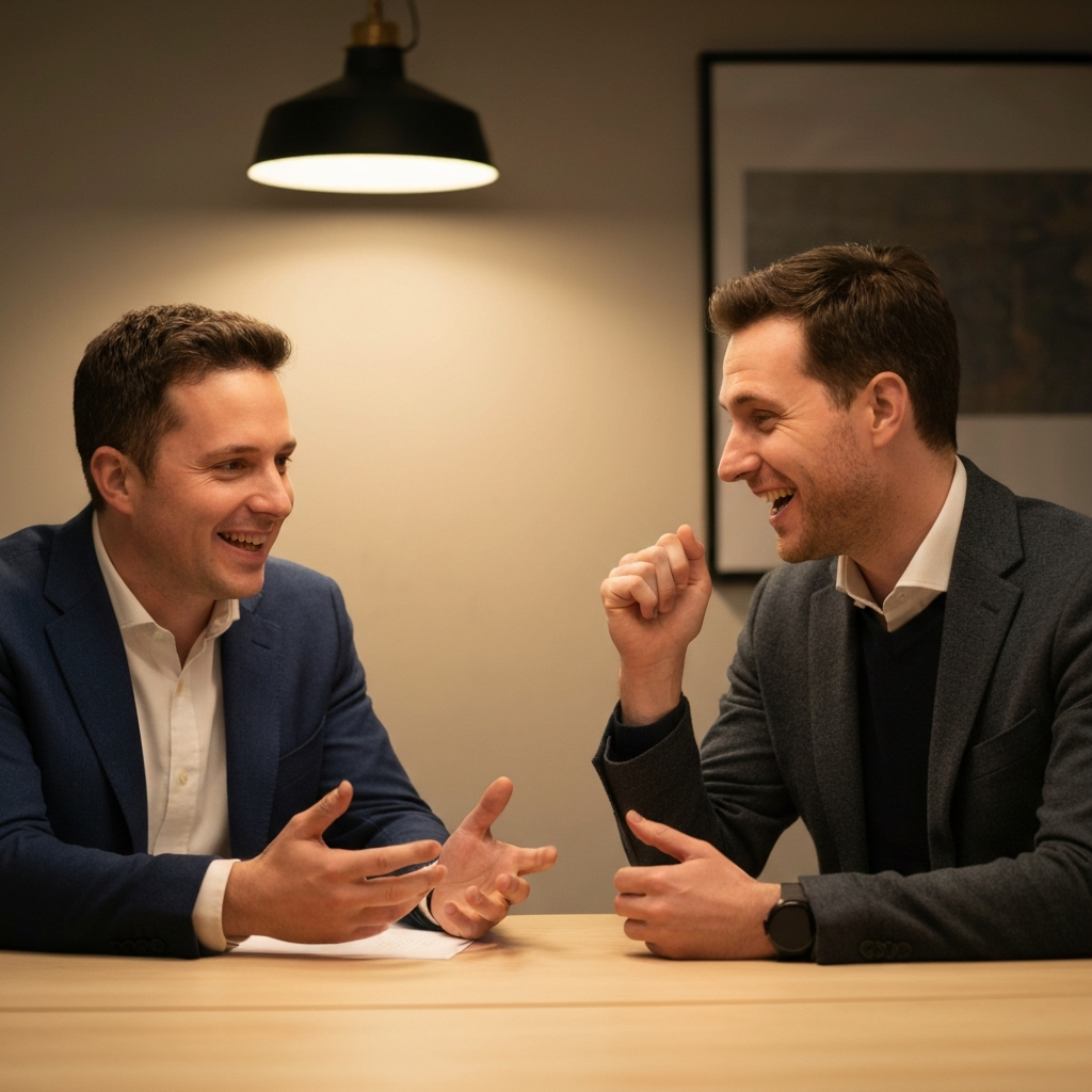 Two founders sitting at a table, enthusiastically recounting their company's origin story. The lighting is warm and inviting, highlighting their genuine passion.