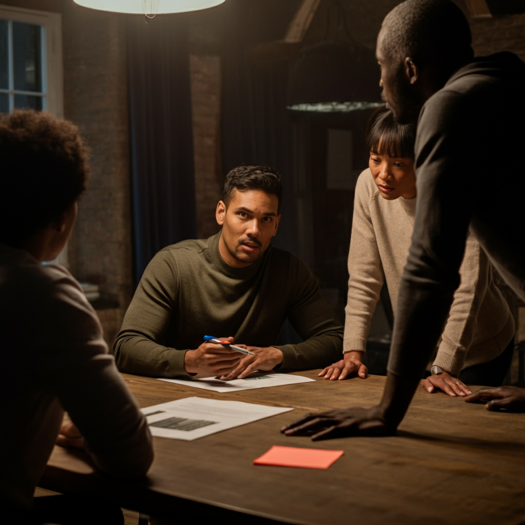 A group of people gathered around a table, engaging in a mock investor meeting. One person is presenting, while the others are posing challenging questions.