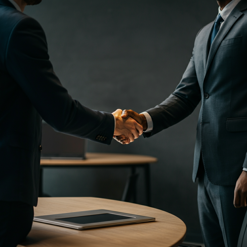 A founder confidently shaking hands with an investor in a modern office setting. The natural light creates a professional and welcoming atmosphere.