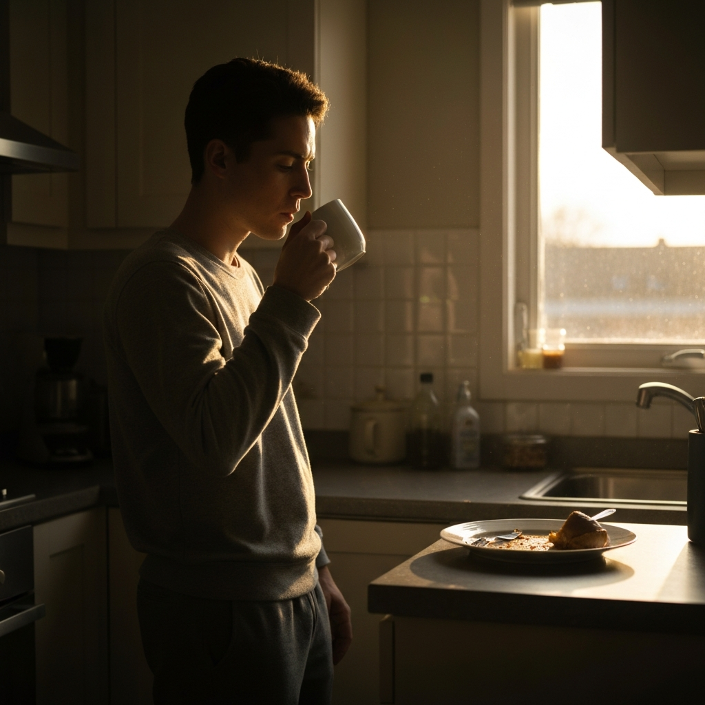 A dimly lit kitchen at sunrise. A person in comfortable clothes is sipping coffee, looking tired. Soft morning light filters through the window, highlighting dust motes in the air. A half-eaten plate of greasy food sits on the counter.