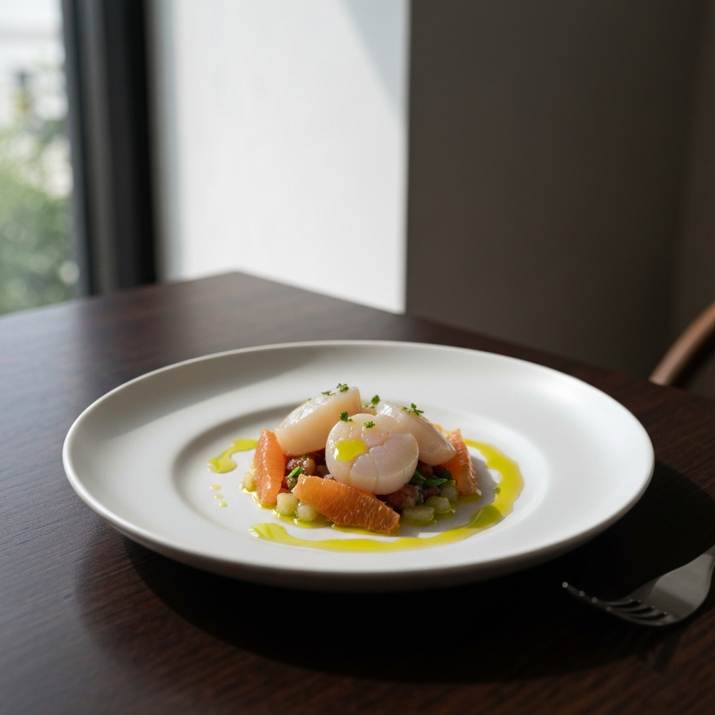 A close-up shot of a beautifully plated scallop crudo dish on a dark wooden table. Natural light from a window illuminates the dish, showcasing the delicate texture of the scallops, the vibrant colors of the citrus, and the glistening olive oil.
