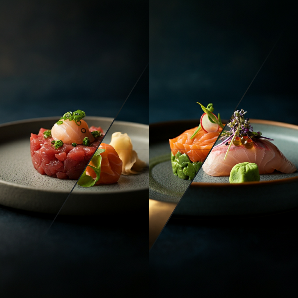 A split-screen image showcasing four different raw dishes: sashimi, tartare, carpaccio, and ceviche. Each dish is presented artfully with attention to detail in lighting and composition.