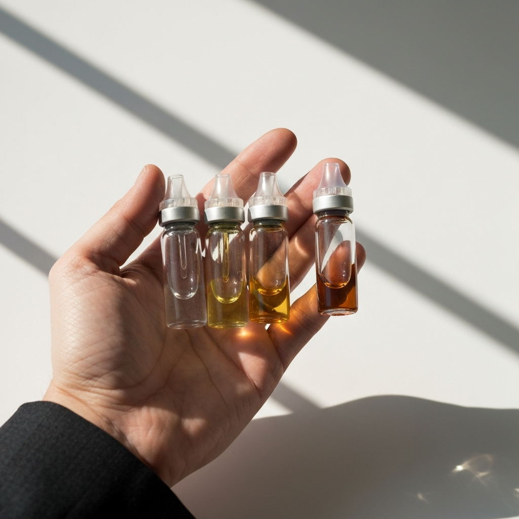 A hand holding three small glass vials containing vape juice. The vials showcase varying degrees of discoloration: one clear, one slightly yellowed, and one distinctly brown. The background is a clean, white surface with soft shadows.