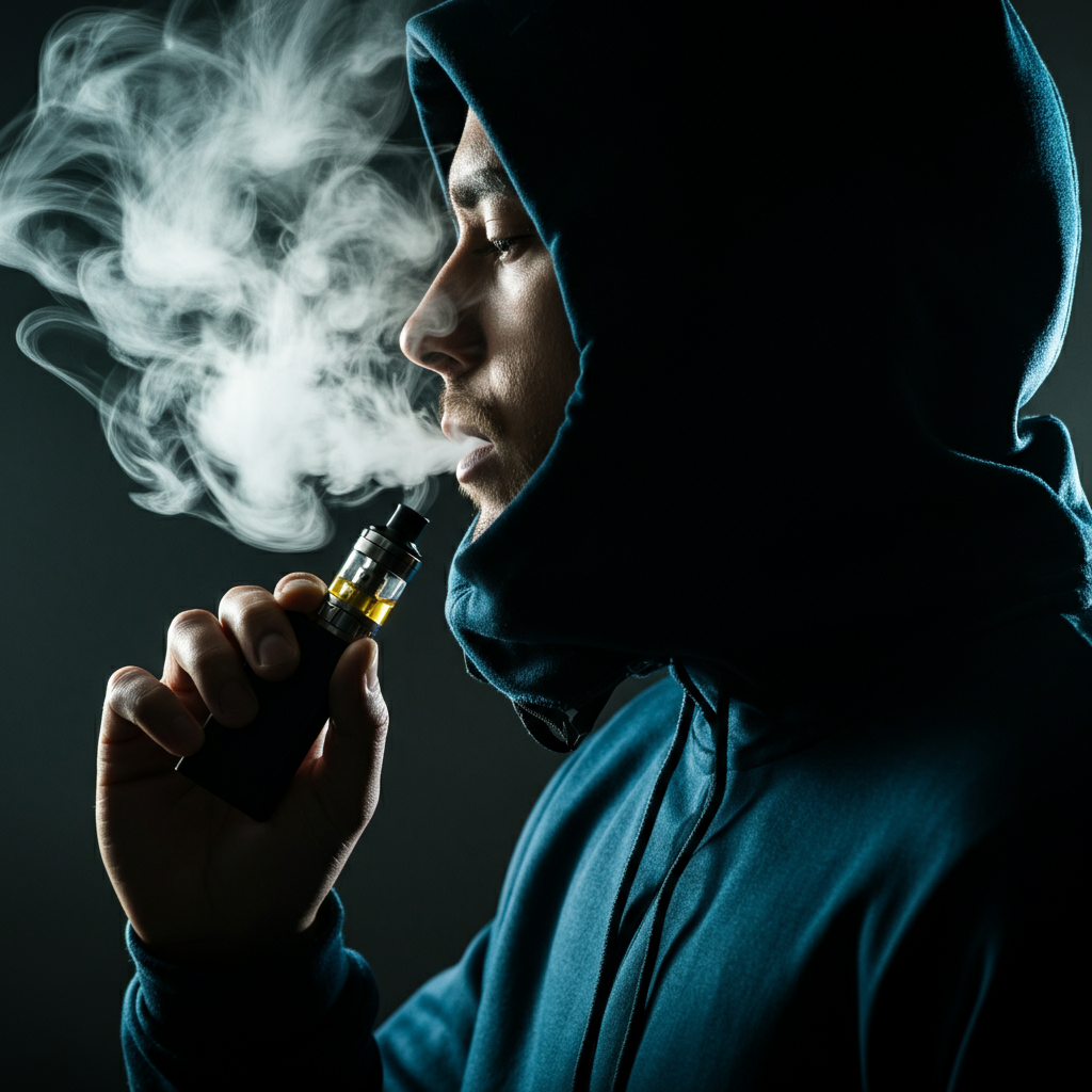 A vaper exhaling a puff of vapor. The light is soft and focused on the vapor, creating a misty effect. The vaper's face is partially obscured, emphasizing the vapor's texture.