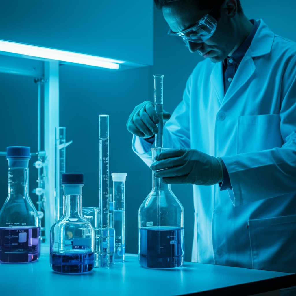 A brightly lit laboratory setting. A scientist in a white coat is carefully measuring liquids into beakers. The focus is on precision and scientific accuracy.