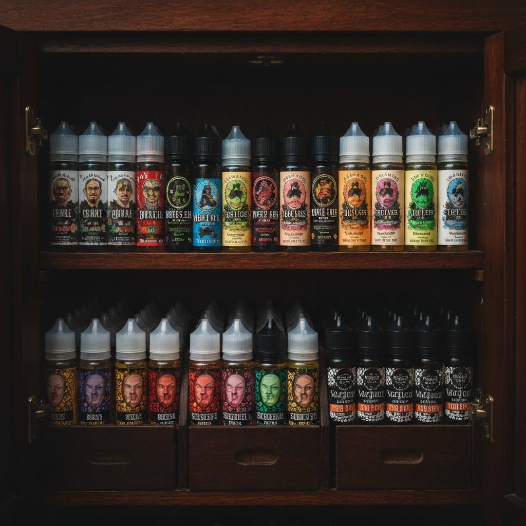 A collection of vape juice bottles stored neatly in a dark cabinet. The lighting is dim and focused, emphasizing the organization and protection from light.