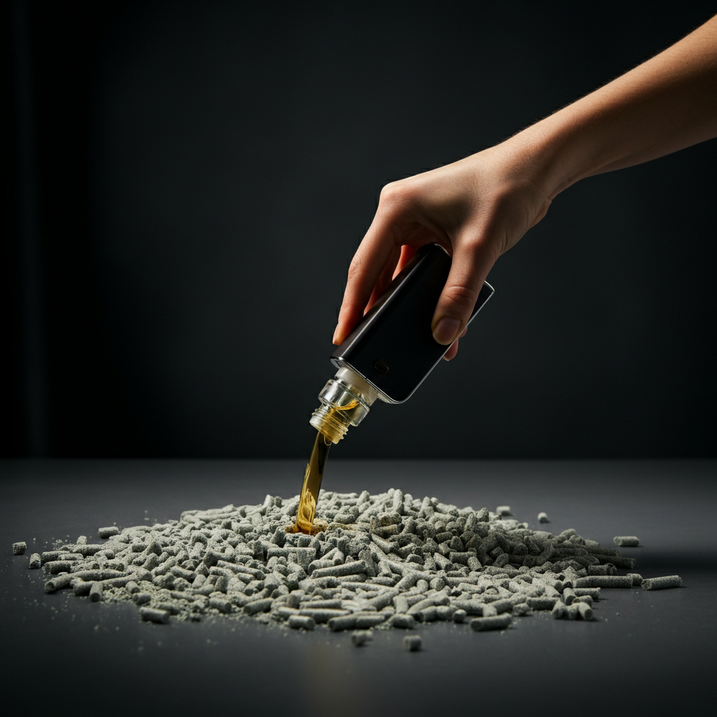 Hands carefully pouring expired vape juice onto a pile of kitty litter in a well-ventilated area. The lighting is bright and even, showcasing the careful and responsible disposal process.