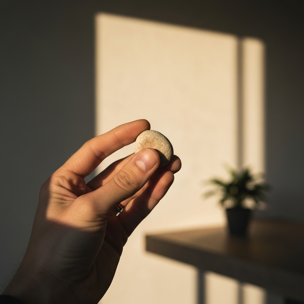Close-up shot of a hand holding a small, smooth stone, the texture of the stone is clearly visible, with golden hour lighting casting warm shadows.