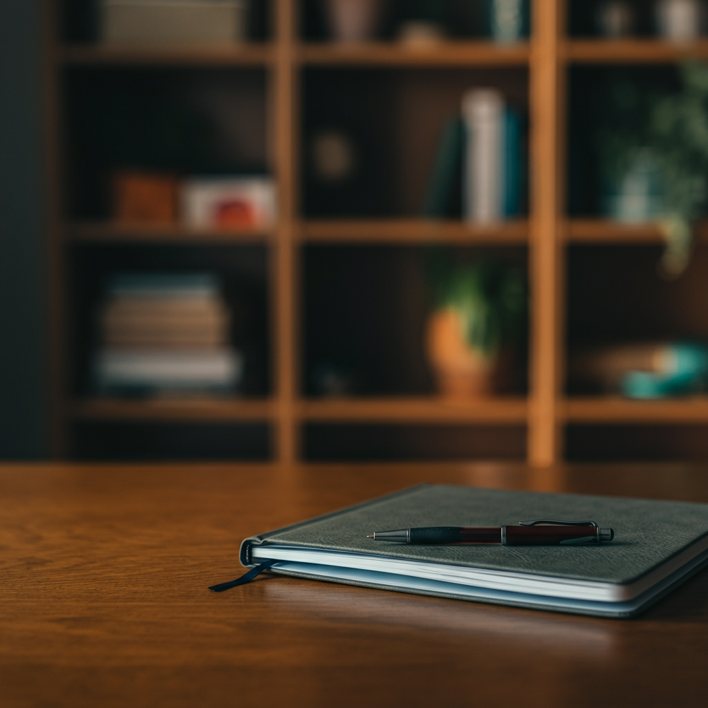 A journal and pen resting on a wooden desk, with a blurred background of a bookshelf filled with various books and plants. The lighting is soft and diffused, creating a sense of calm and focus.