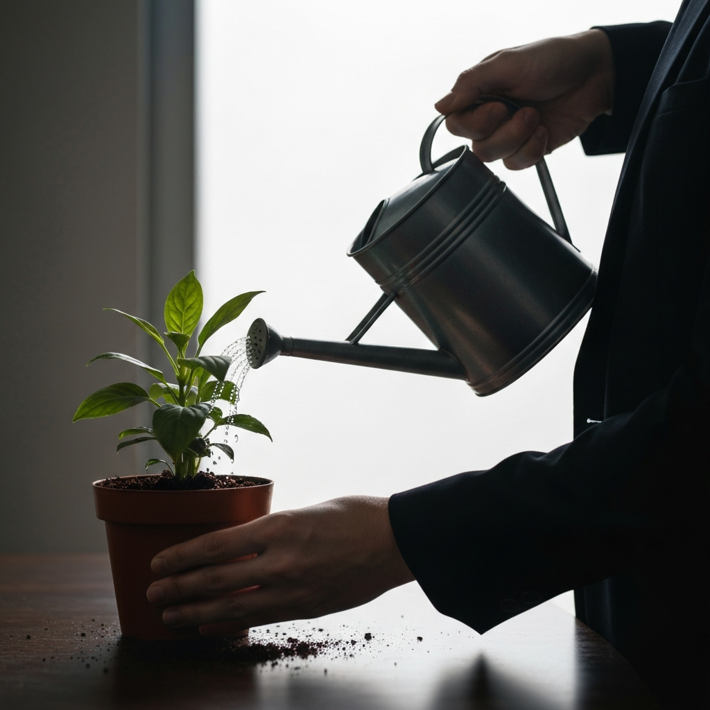 A person tending to a small potted plant, gently watering it with a watering can. The scene is side-lit, highlighting the texture of the soil and leaves. The background is blurred, creating a sense of intimacy and care.