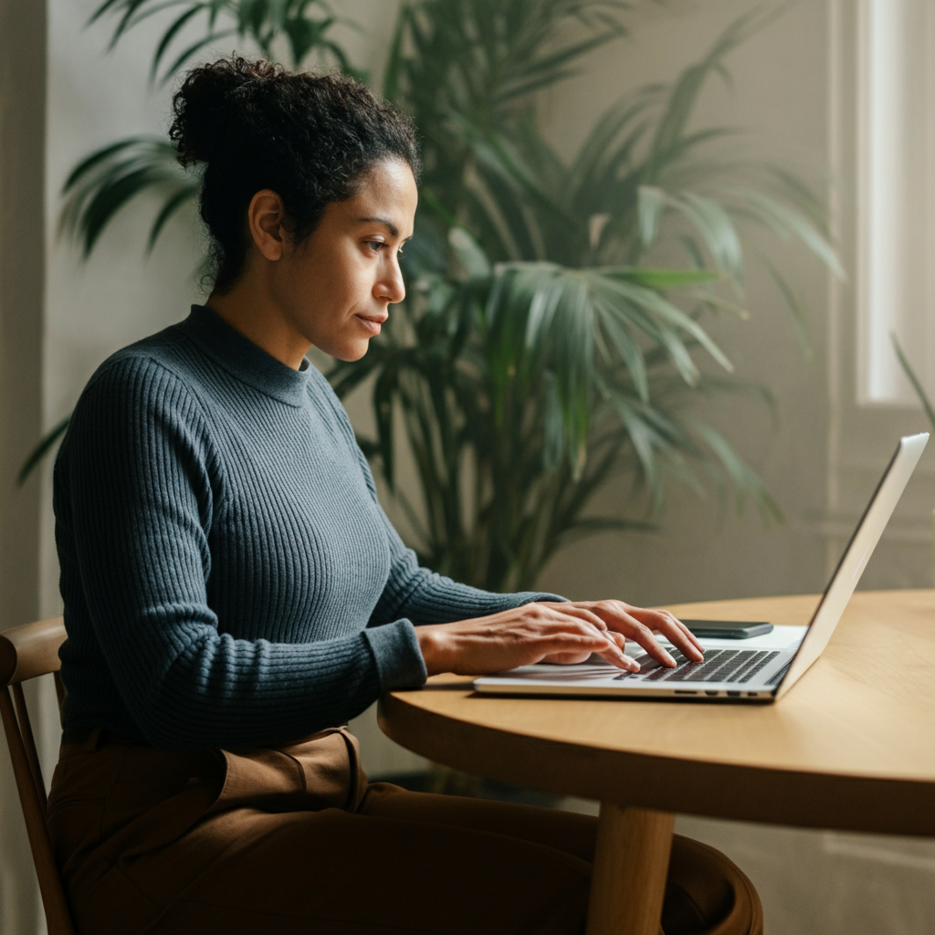 A person working on a laptop in a bright, modern office space, surrounded by plants and natural light. They are engaged in their work, with a focused and determined expression.