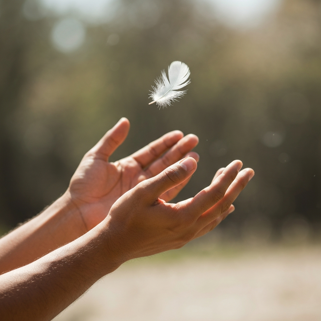 A close-up of hands releasing a small, white feather into the air, with a soft bokeh effect in the background. The lighting is diffused, creating a sense of lightness and release.