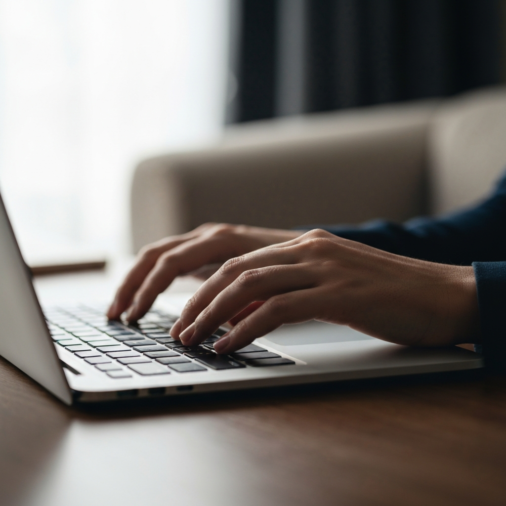 A person's hands typing on a laptop keyboard, bathed in the soft glow of the screen, with a blurred background suggesting a comfortable home office environment. Focus is on the keyboard and the subtle reflections on the fingertips.