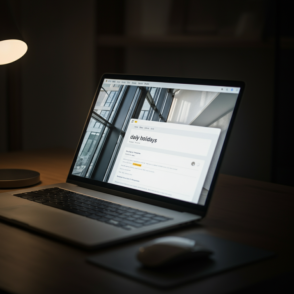 Close-up shot of a computer screen displaying search results for "daily holidays," with a few different websites listed. The lighting is bright and even, showcasing the clarity of the text on the screen.