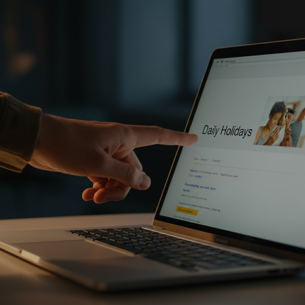 A person pointing at a laptop screen, specifically highlighting a search result related to daily holidays. The background is a modern office setting, with natural light streaming in from a window. Focus is on the interaction between the finger and the screen.
