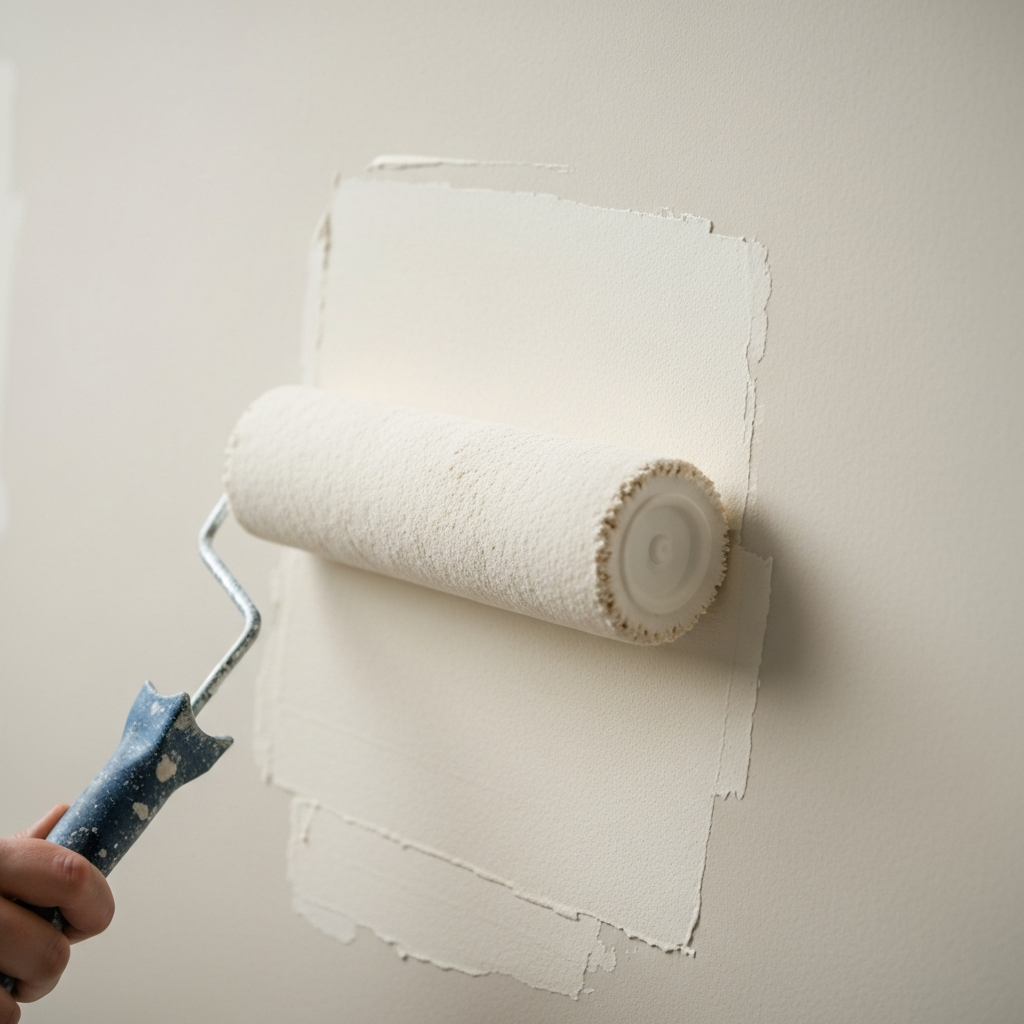 A close-up shot of a paint roller applying primer to a wall. The primer is slightly tinted. The roller has a slight texture, and the lighting is focused on the application. Focus on the smooth, even coverage.