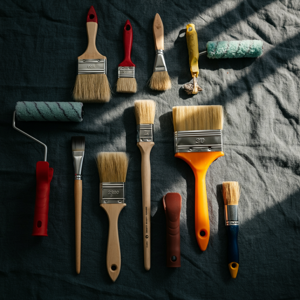 A selection of high-quality paintbrushes and rollers laid out neatly on a drop cloth. The tools are clean and well-maintained. Natural light highlights the different textures of the brushes and rollers.