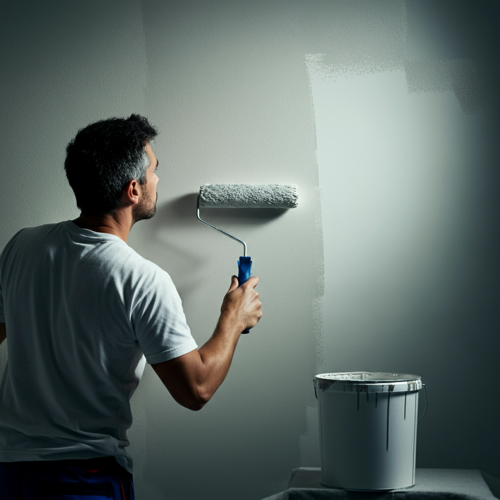 A painter carefully applying a moderate coat of paint to a wall using a roller. The lighting is soft and diffused, highlighting the smooth, even texture of the paint as it's applied. The person is wearing appropriate painting attire.