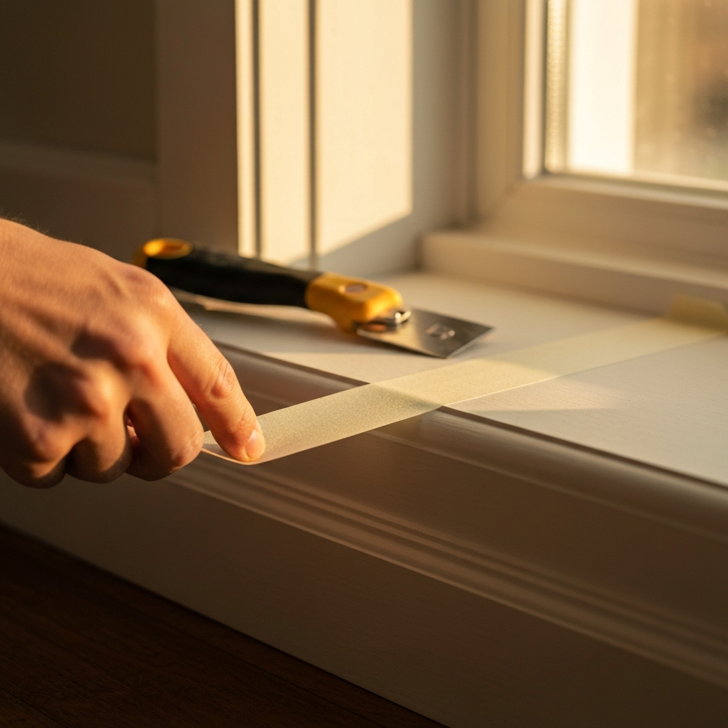 A close-up of painter's tape being carefully applied along a baseboard. The tape is smooth and straight, creating a clean line. A taping knife is visible in the background. Golden hour lighting from a nearby window.