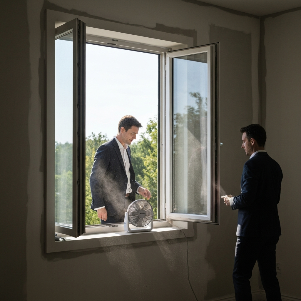 A partially open window in a room being painted. Natural light streams in, illuminating dust particles in the air. A small fan is visible, helping to circulate the air. The room is clean and well-lit.