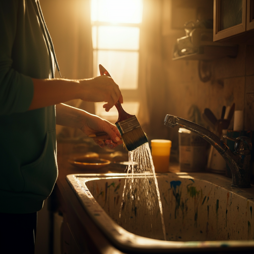 A person rinsing paintbrushes in a sink with running water. The water is slightly cloudy with paint residue. The scene is well-lit, and the focus is on the brushes being cleaned.