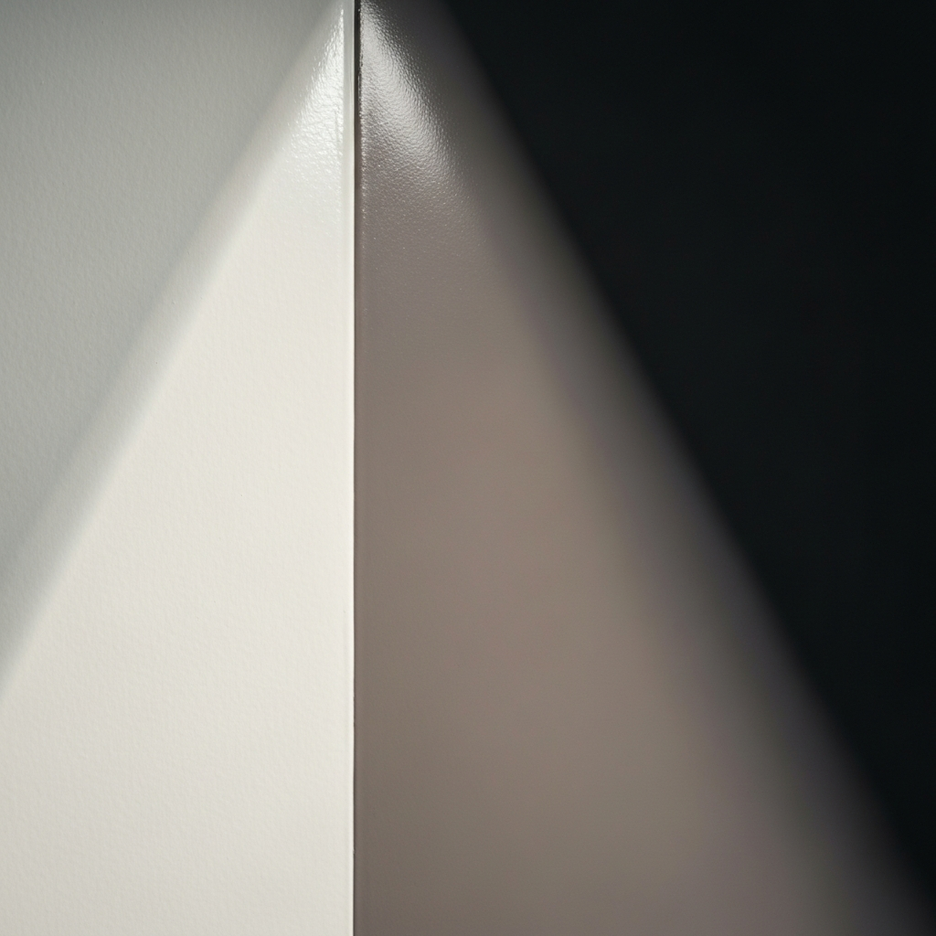 A close-up of a wall painted with different sheens: flat, eggshell, and semi-gloss. The lighting is angled to highlight the differences in reflectivity. The colors are neutral and muted.